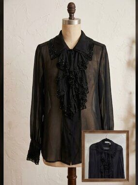 Oleg Cassini Vintage Silk Sheer Ruffled Blouse with Beaded Cuffs - XL/16